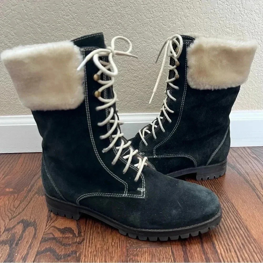 Cole Haan Nike Air Suede Faux Fur Waterproof Combat Lace Black Boot Women Sz 8.5